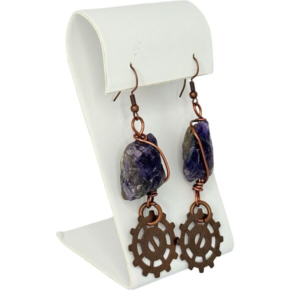 Amethyst Copper Wrapped Dangle Earrings Gear Charm 3" Artesian Steampunk - Picture 2 of 11